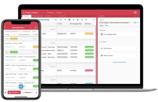 airtable interface on desktop and mobile showing project tracking and ai workflow automation tools.